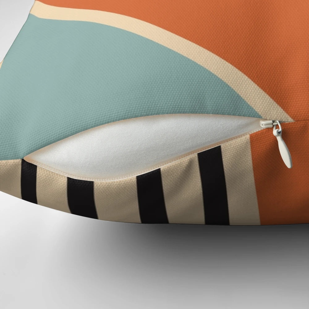 Bauhaus-inspired mid-century modern pillow with neutral geometric shapes, perfect for a minimalist summer home.