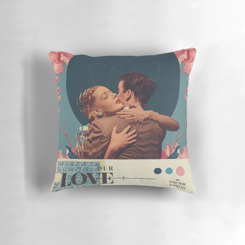A vintage-inspired digital collage pillow featuring a romantic couple embracing, surrounded by flowers and birds, representing the enduring nature of love.