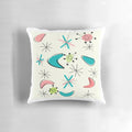 Mid-century modern atomic age inspired teal and white abstract throw pillow