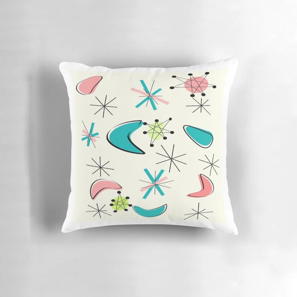 Mid-century modern atomic age inspired teal and white abstract throw pillow