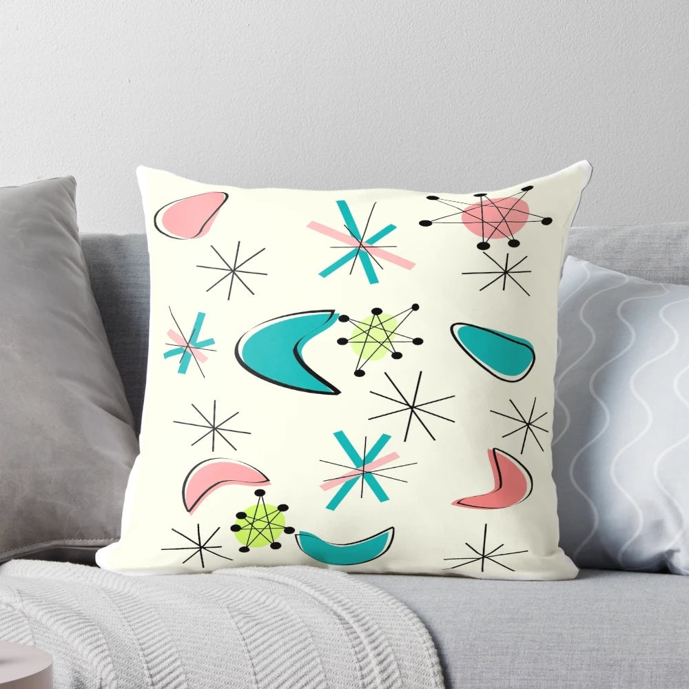 Mid-century modern atomic age inspired teal and white abstract throw pillow