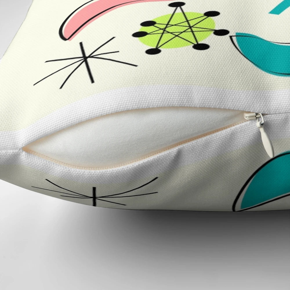 Mid-century modern atomic age inspired teal and white abstract throw pillow