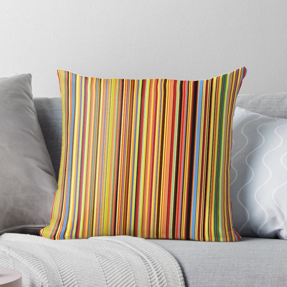 Neutral-colored striped throw pillow with an abstract, old school pattern