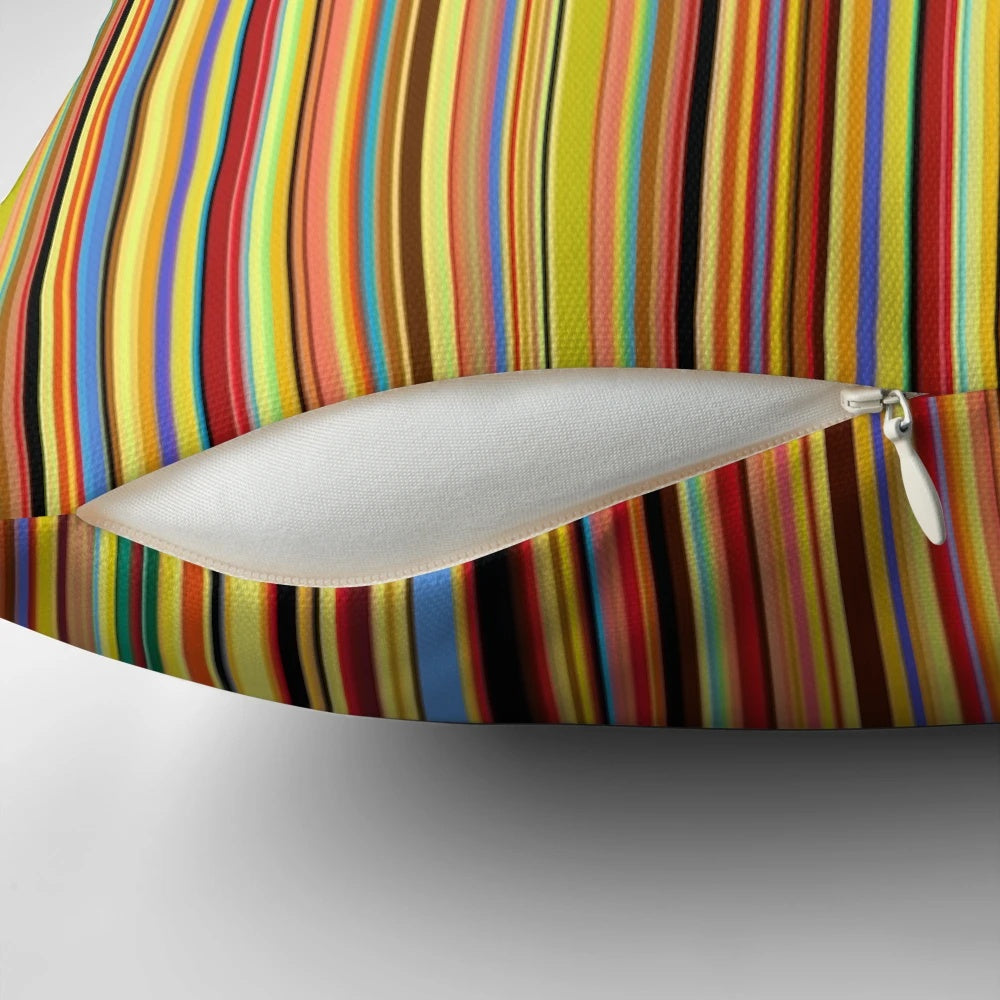Neutral-colored striped throw pillow with an abstract, old school pattern