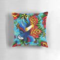 A classic tattoo-inspired throw pillow featuring a traditional swallow and rose design.
