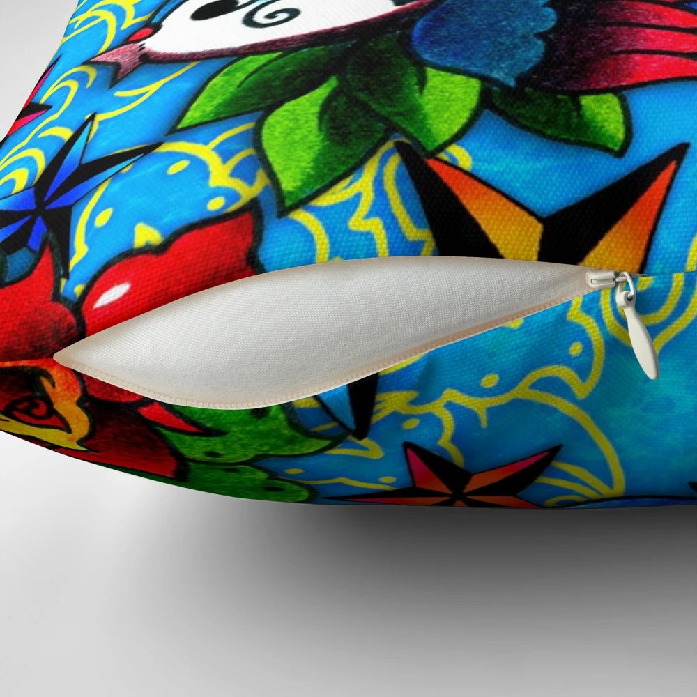A classic tattoo-inspired throw pillow featuring a traditional swallow and rose design.