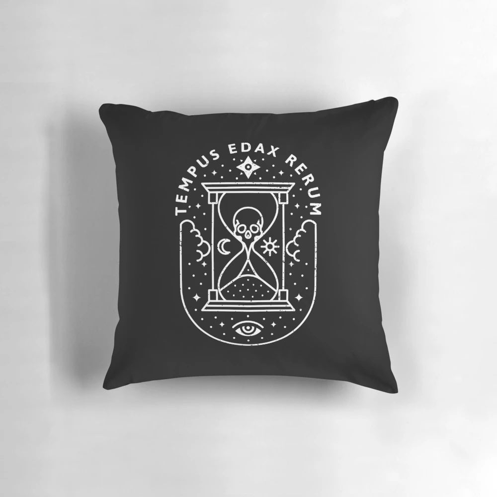 White pillow with a timeless hourglass and quote design, perfect for bedrooms and home decor.