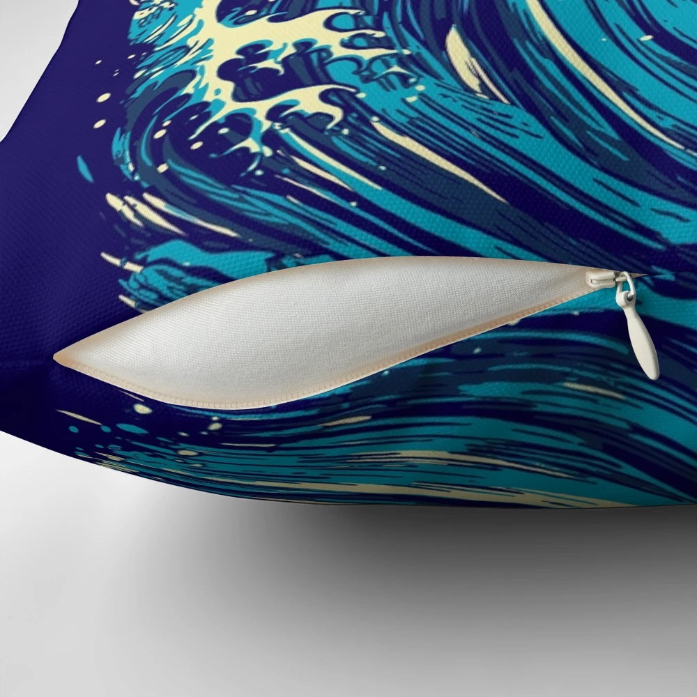 The Great Kanagawa Wave Pillow, featuring the iconic Japanese woodblock print design from Hokusai