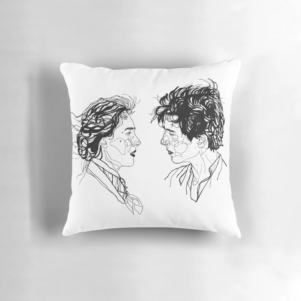 A cozy throw pillow featuring the iconic characters Jo and Laurie from the classic novel and film adaptation of 'Little Women'.