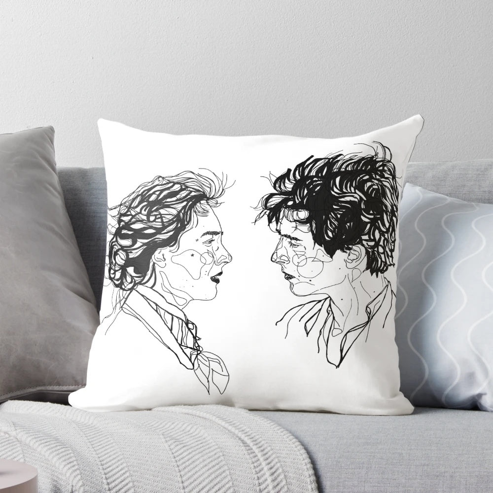 A cozy throw pillow featuring the iconic characters Jo and Laurie from the classic novel and film adaptation of 'Little Women'.