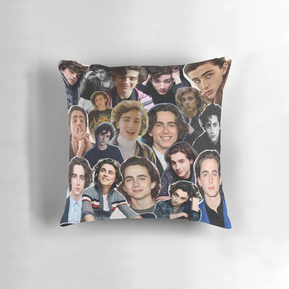 Timothée Chalamet 'Call Me By Your Name' inspired collage design printed on a soft, comfortable pillow