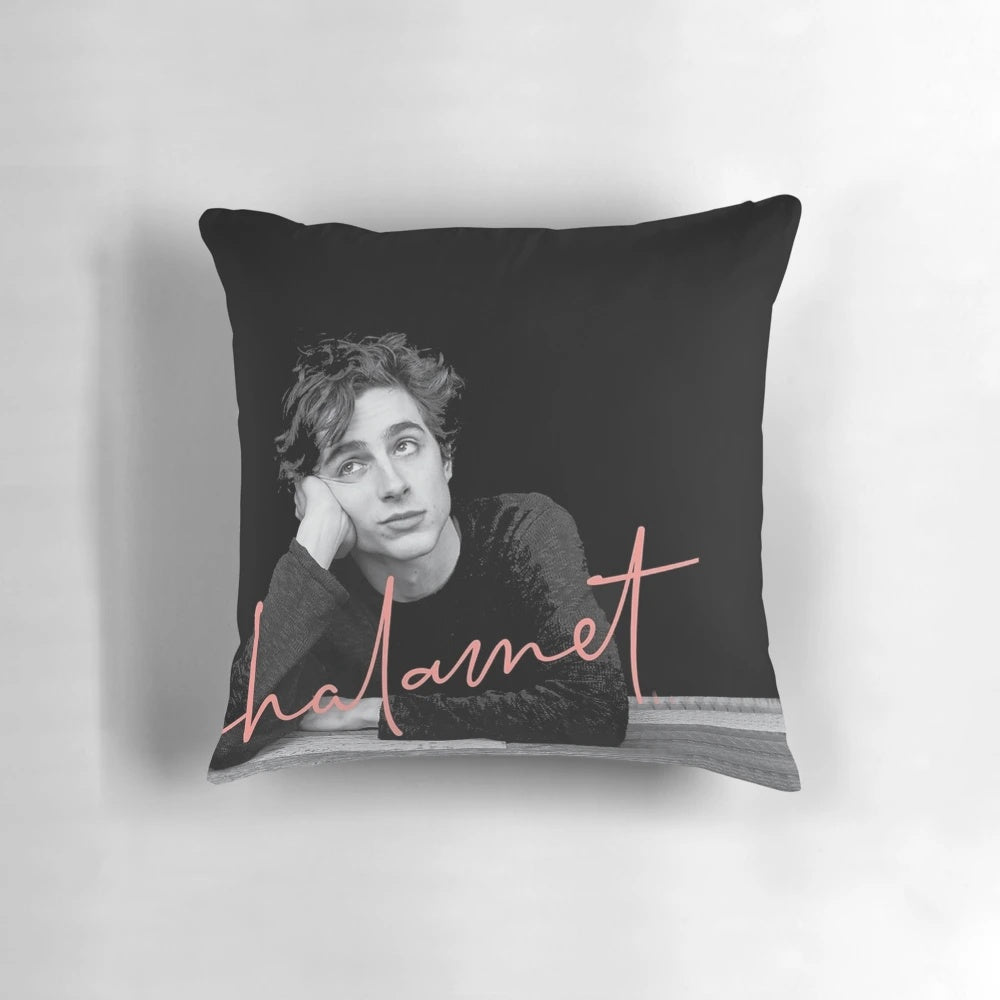 Timothee Chalamet inspired collage design printed on a soft, comfortable pillow