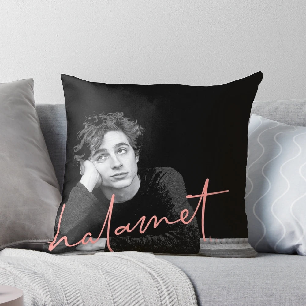 Timothee Chalamet inspired collage design printed on a soft, comfortable pillow