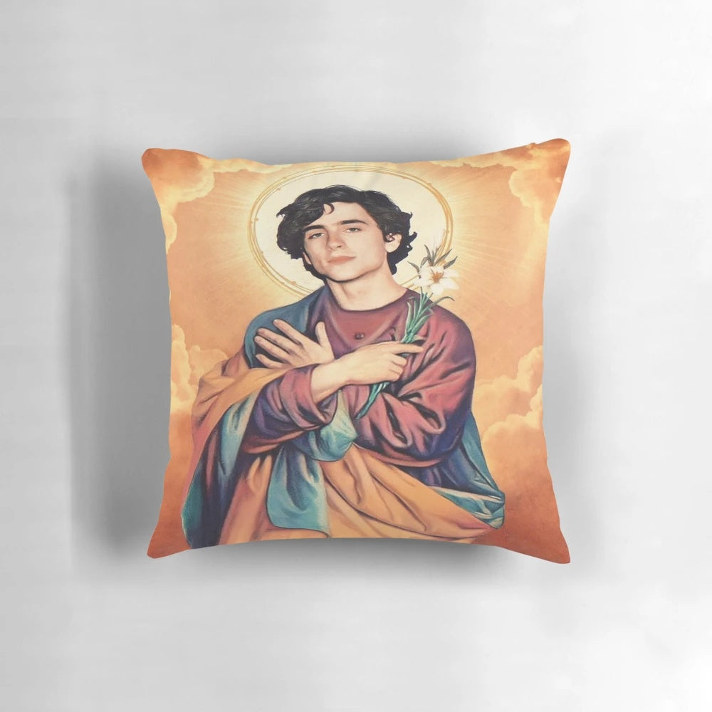 Timothee Chalamet Saint Pillow, a decorative throw pillow for bedroom and home decor