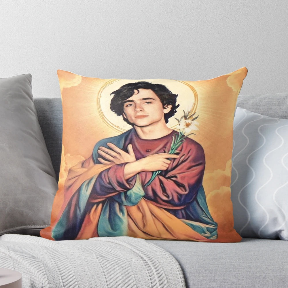 Timothee Chalamet Saint Pillow, a decorative throw pillow for bedroom and home decor
