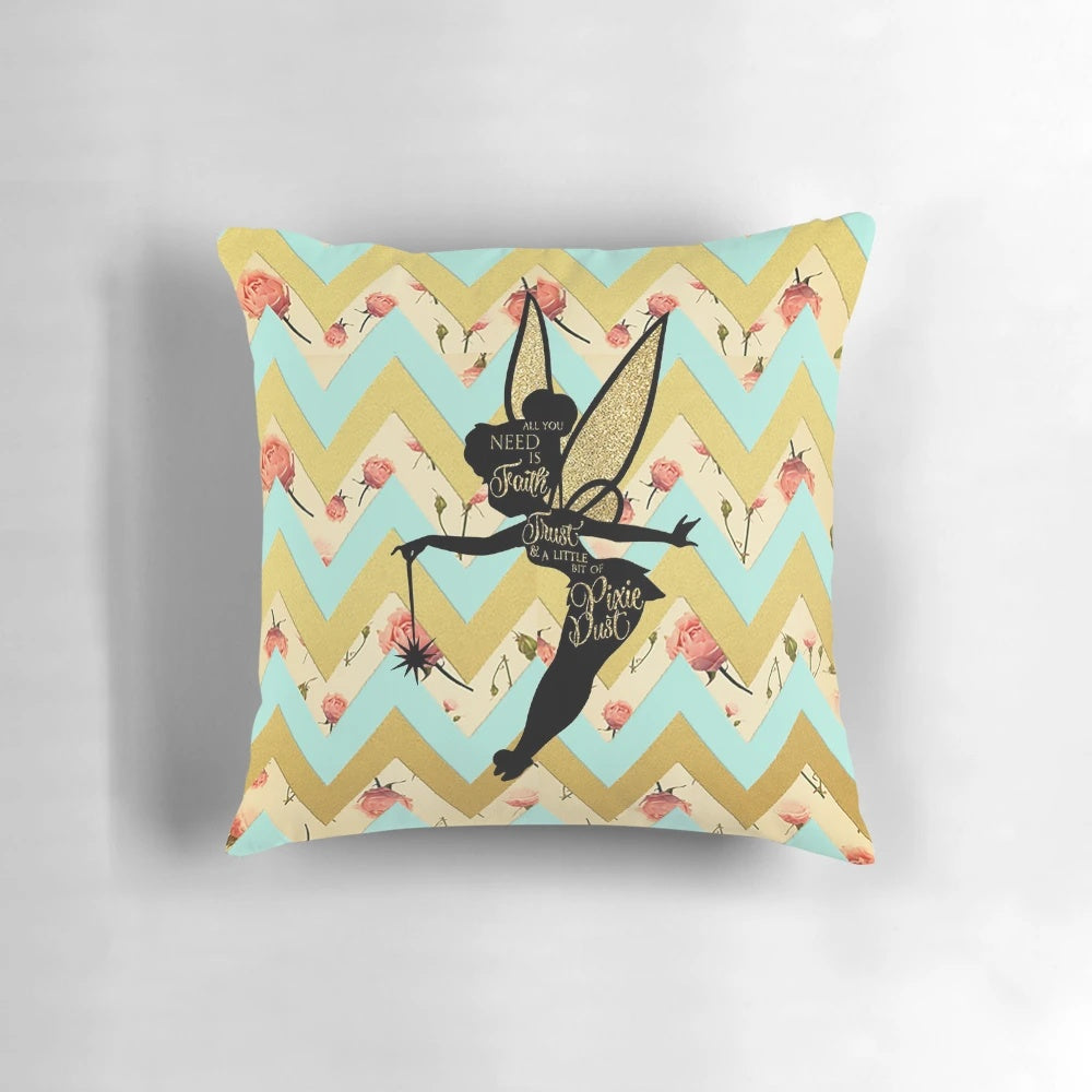 Tinkerbell Pixie Dust Quote Pillow, featuring a whimsical fairy design and inspirational quote