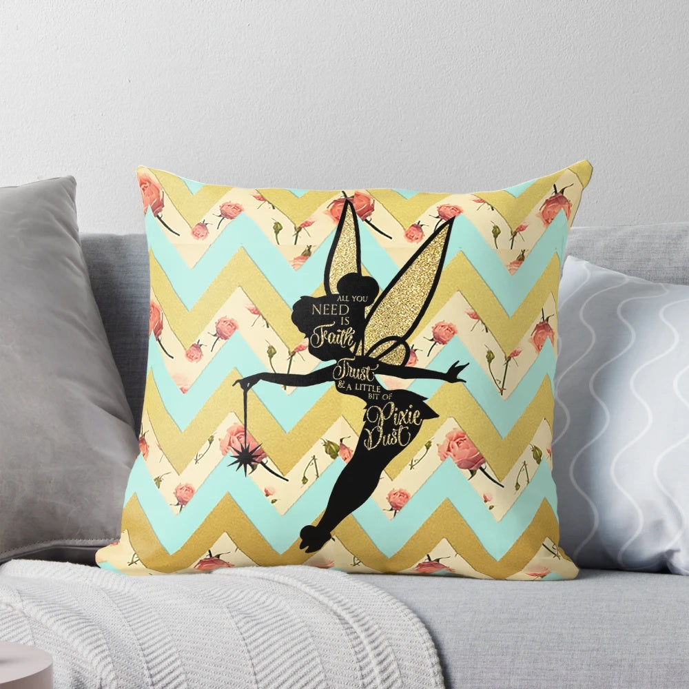 Tinkerbell Pixie Dust Quote Pillow, featuring a whimsical fairy design and inspirational quote