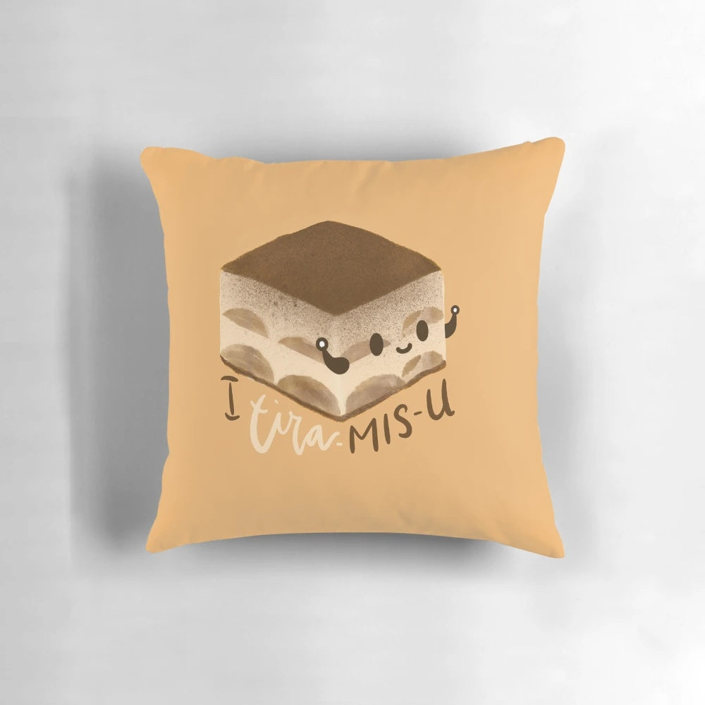 A soft, plush pillow in the shape of a traditional Italian tiramisu dessert, perfect for couples in long distance relationships.