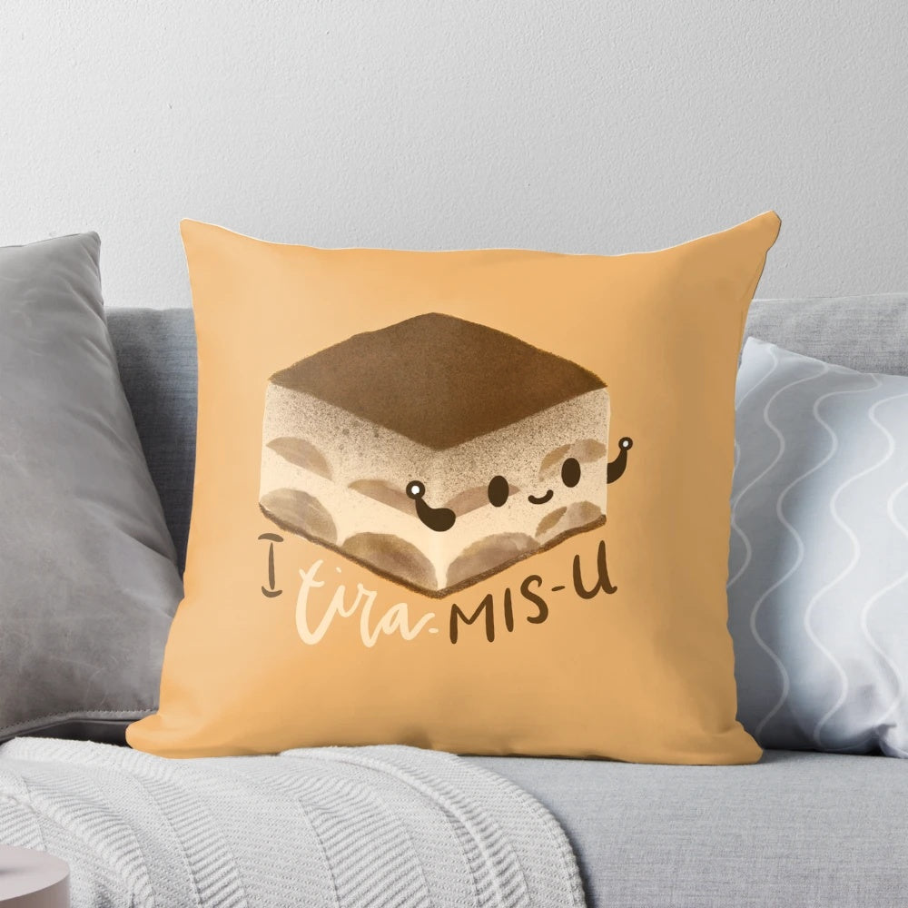A soft, plush pillow in the shape of a traditional Italian tiramisu dessert, perfect for couples in long distance relationships.