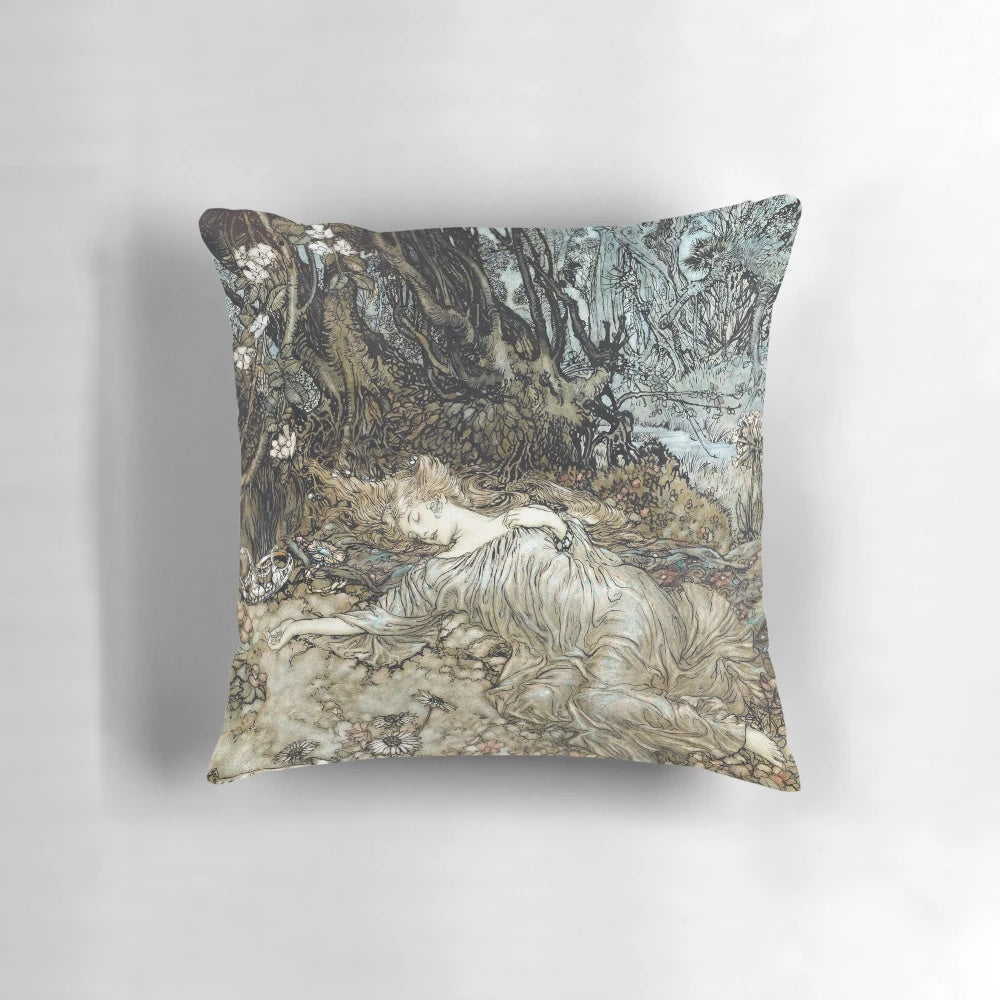 Pillow featuring the magical image of Titania sleeping from Arthur Rackham's illustrations for Shakespeare's A Midsummer Night's Dream.