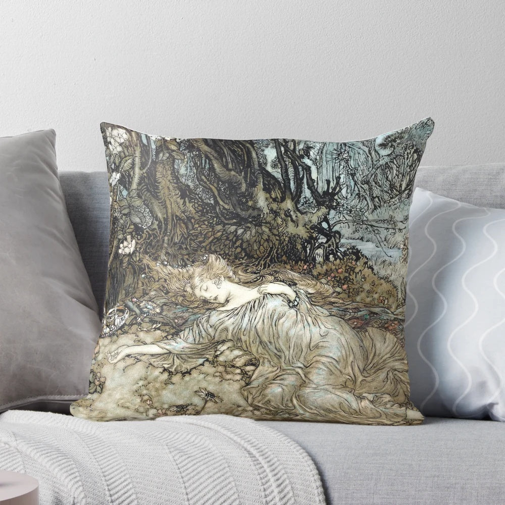 Pillow featuring the magical image of Titania sleeping from Arthur Rackham's illustrations for Shakespeare's A Midsummer Night's Dream.