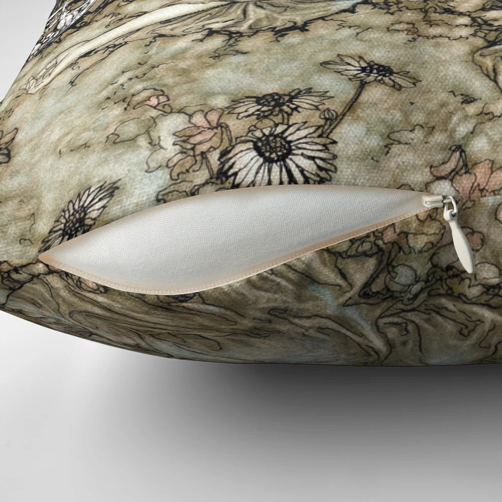 Pillow featuring the magical image of Titania sleeping from Arthur Rackham's illustrations for Shakespeare's A Midsummer Night's Dream.