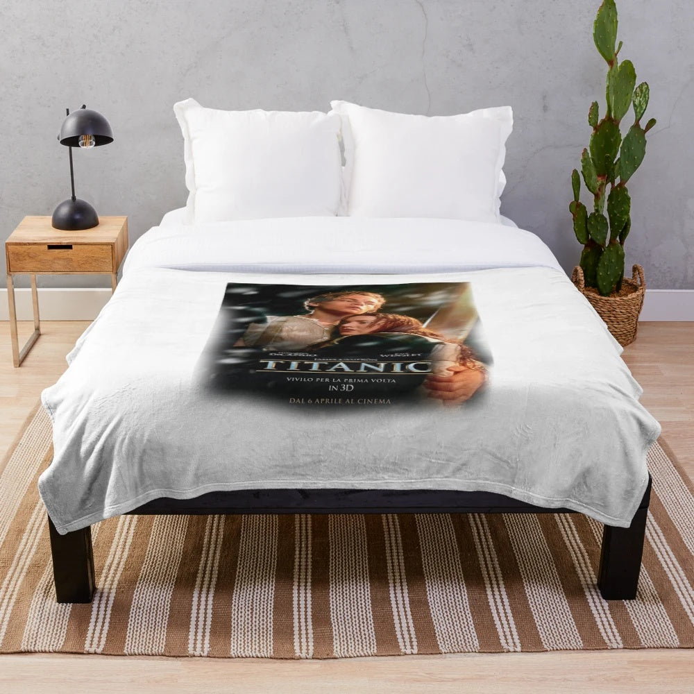 Titanic movie-themed plush blanket featuring Leonardo DiCaprio and Kate Winslet