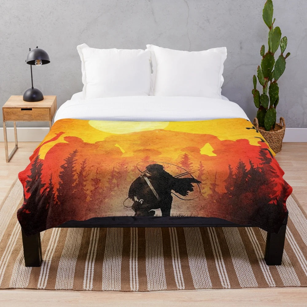 Anime-inspired plush blanket featuring titans and characters from popular manga and anime series