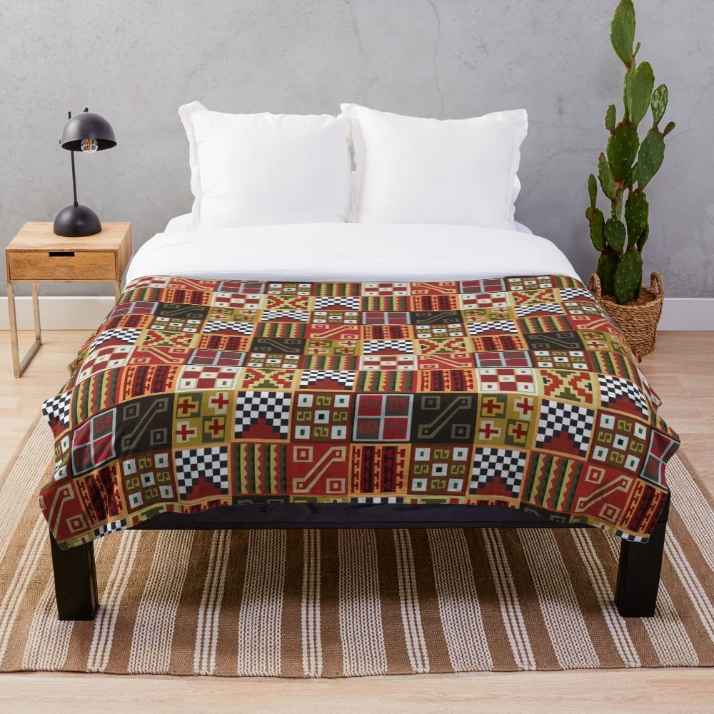 Tocapu II inspired plush blanket with geometric Inca pattern