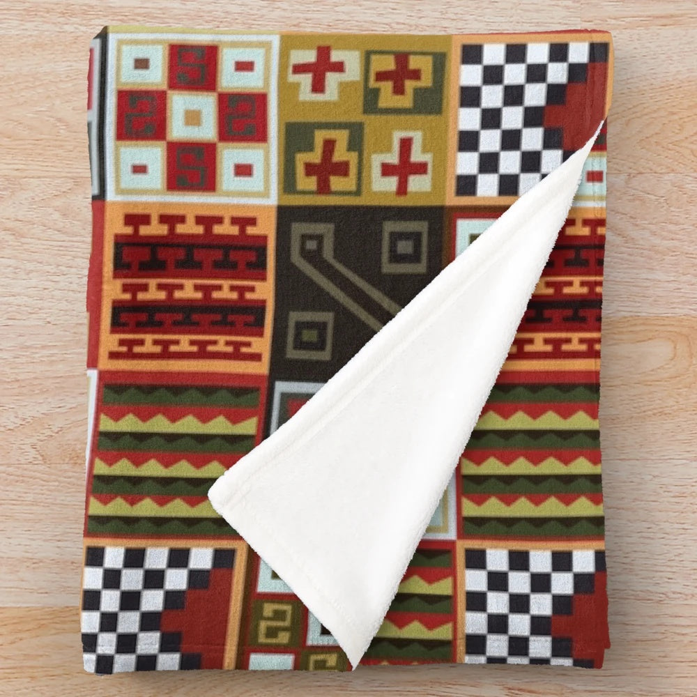 Tocapu II inspired plush blanket with geometric Inca pattern