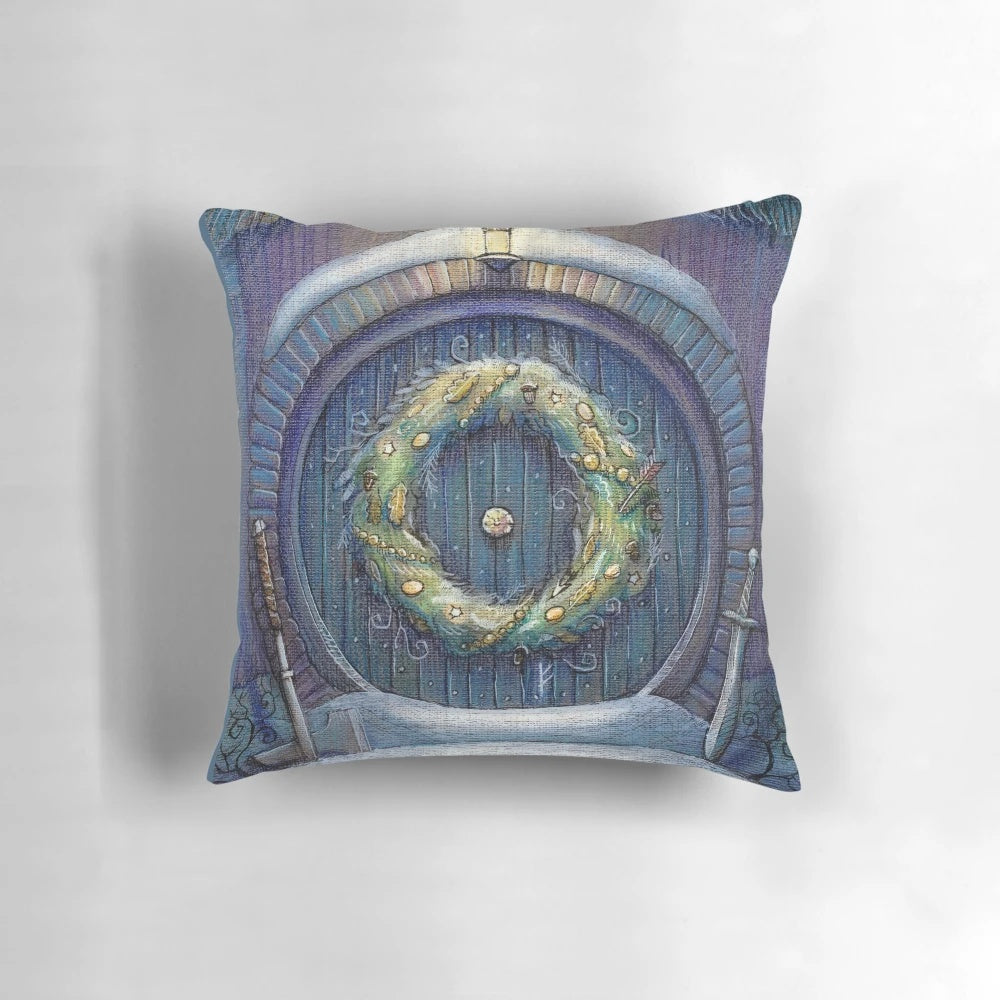 Tolkien-inspired fantasy Christmas pillow with sword, axe, and dwarf design