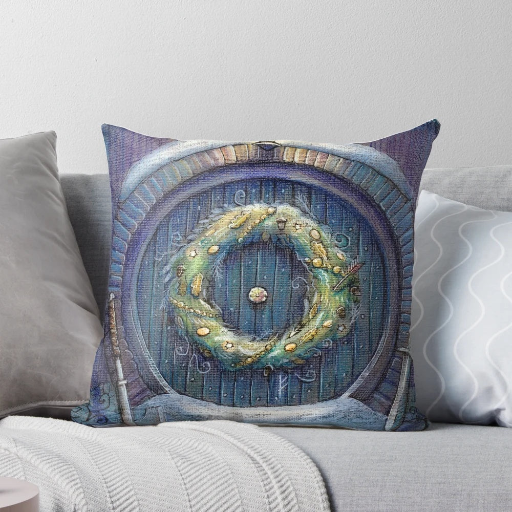 Tolkien-inspired fantasy Christmas pillow with sword, axe, and dwarf design