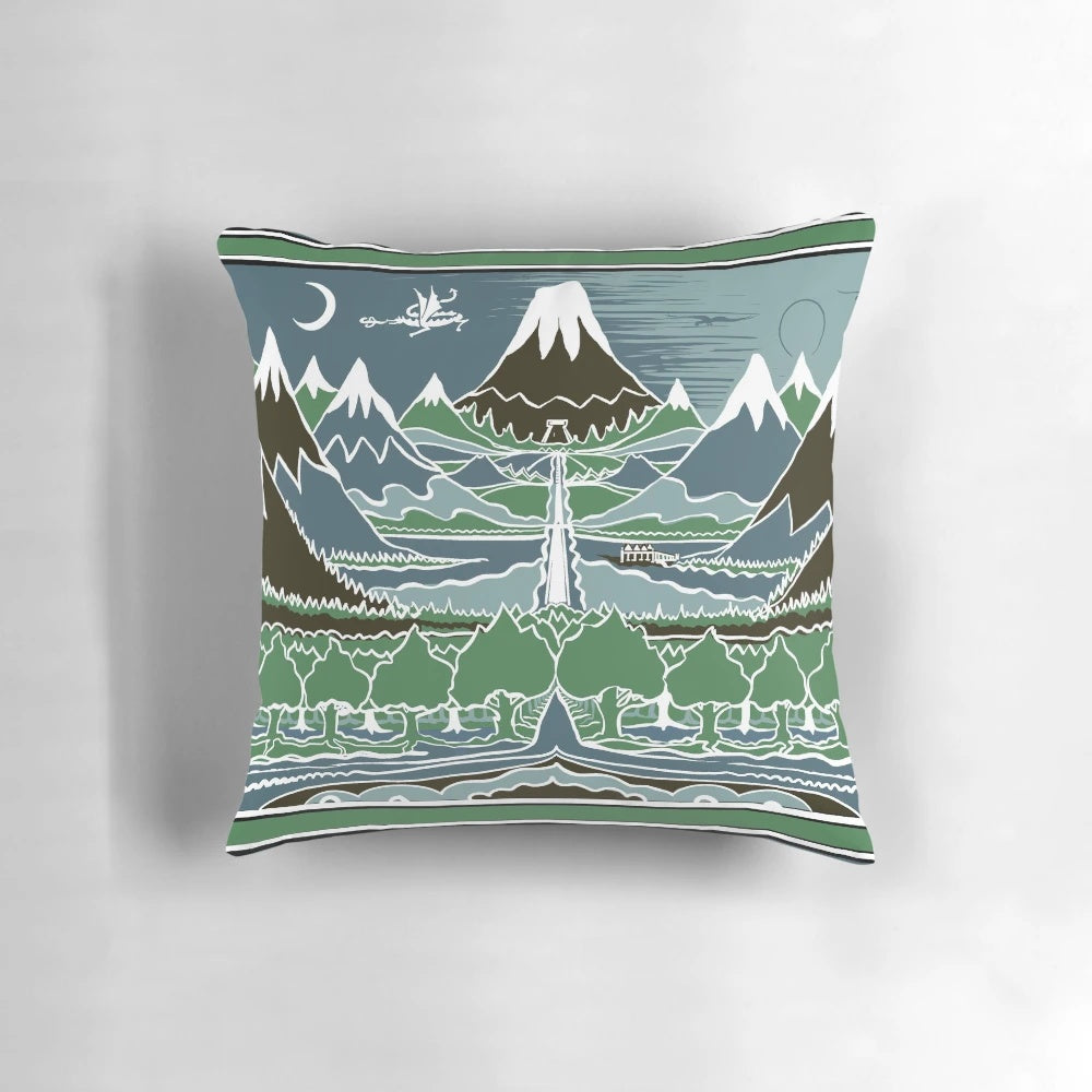 Decorative pillow featuring a Tolkien-inspired fantasy landscape with a winding mountain path