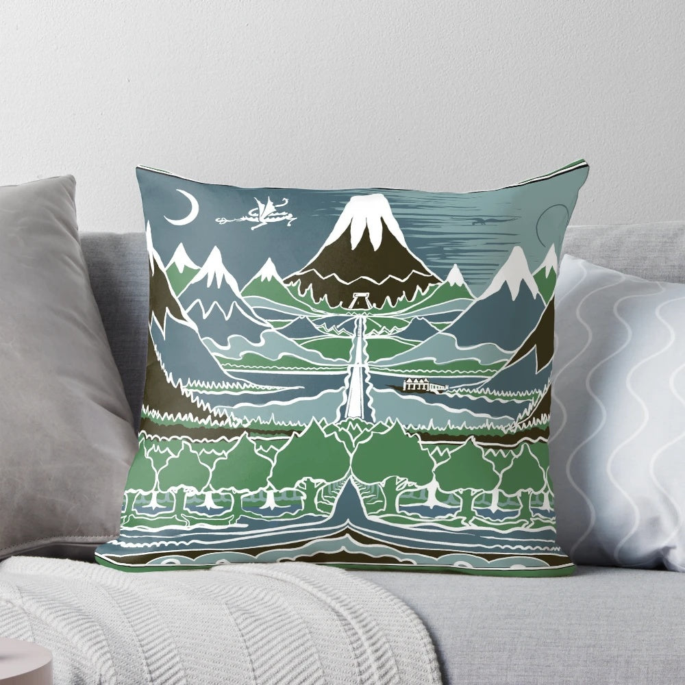 Decorative pillow featuring a Tolkien-inspired fantasy landscape with a winding mountain path