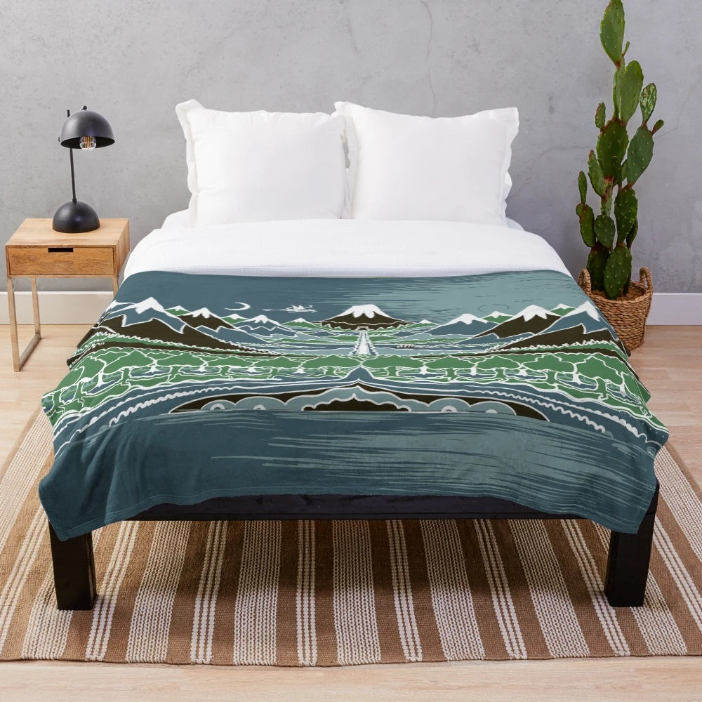 Cozy plush blanket featuring a Tolkien-inspired forest mountain path design