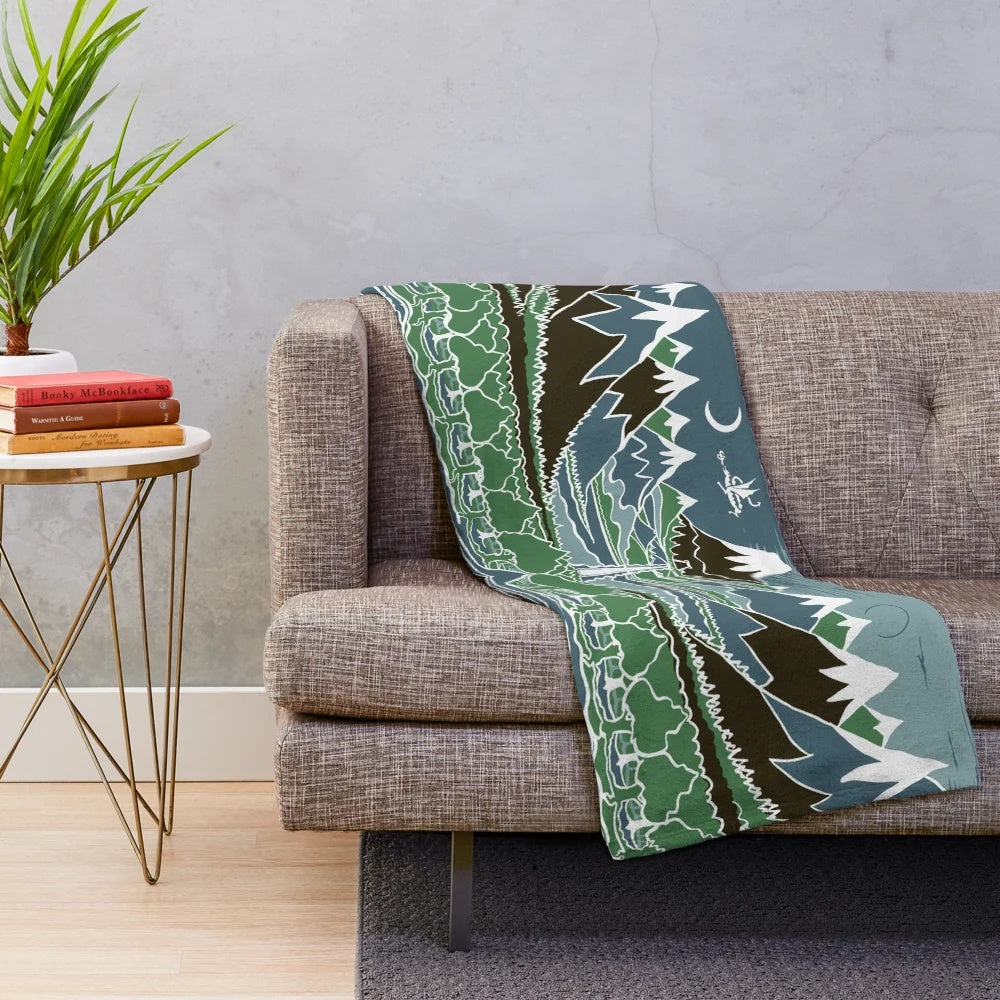 Cozy plush blanket featuring a Tolkien-inspired forest mountain path design
