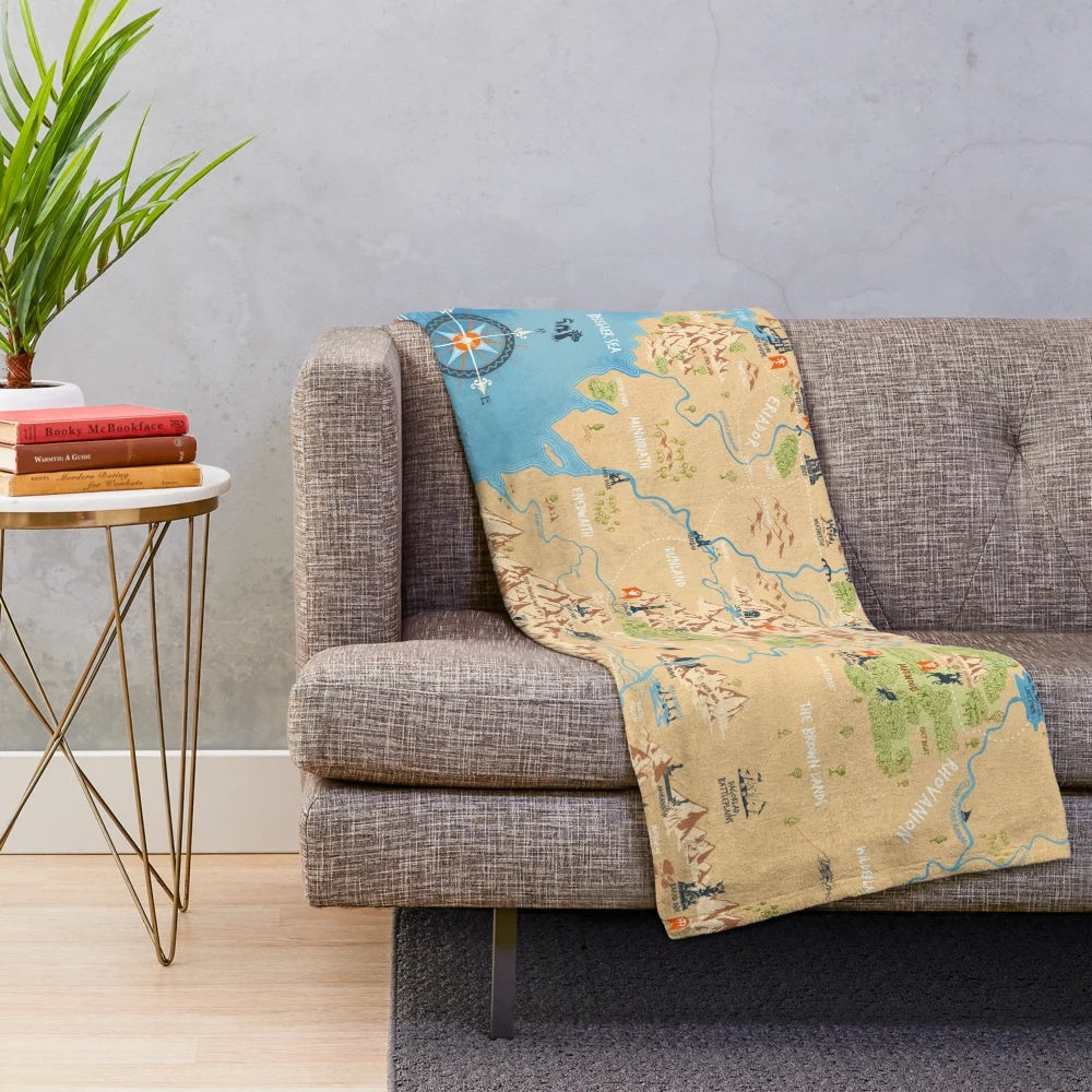 Cozy Tolkien Middle Earth map plush blanket with fantasy cartographic art