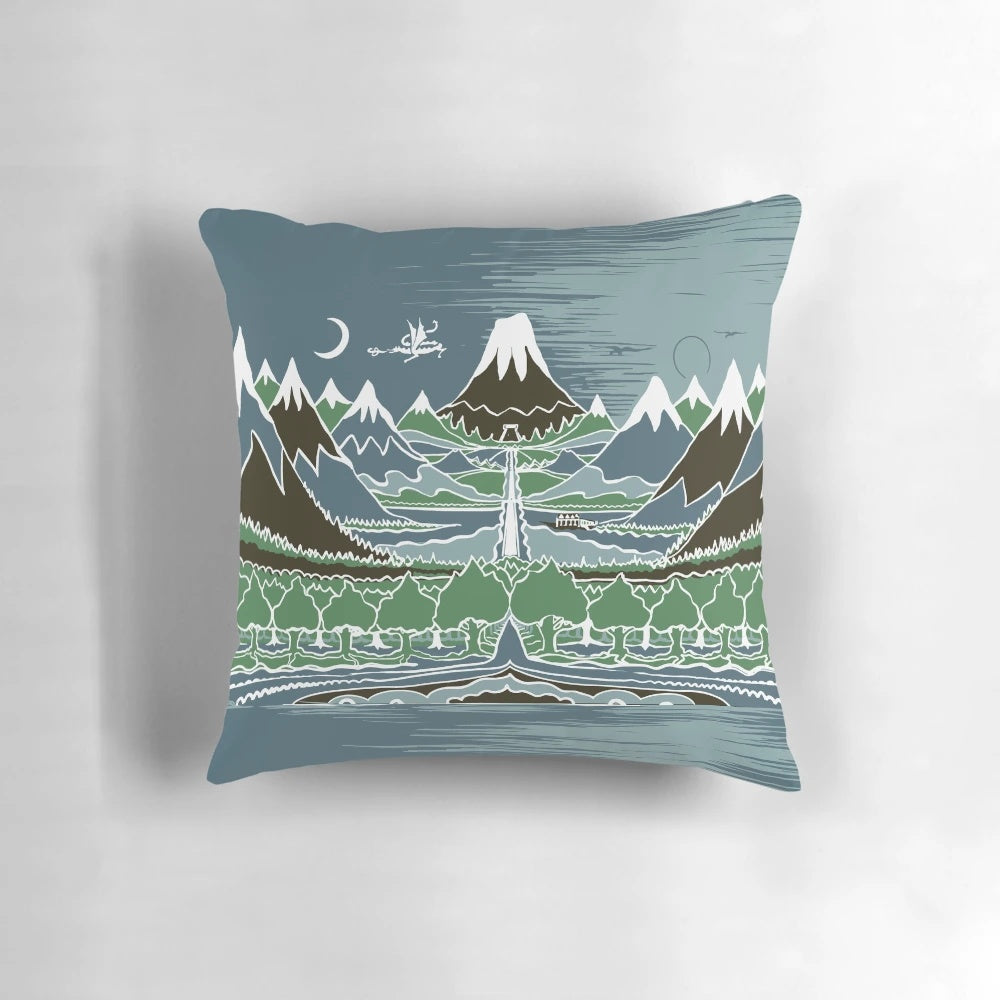 Pillow featuring a Tolkien-style fantasy mountain path in a dark forest