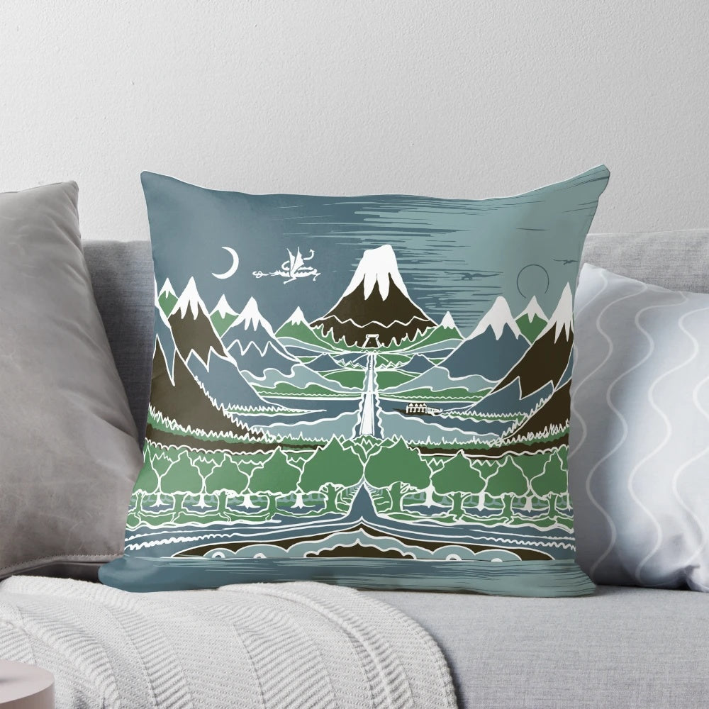 Pillow featuring a Tolkien-style fantasy mountain path in a dark forest