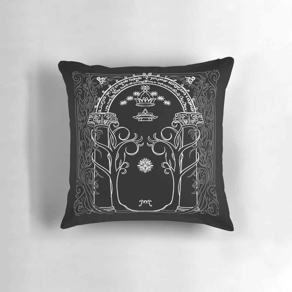 Decorative pillow featuring a mountain landscape in the style of J.R.R. Tolkien's writings