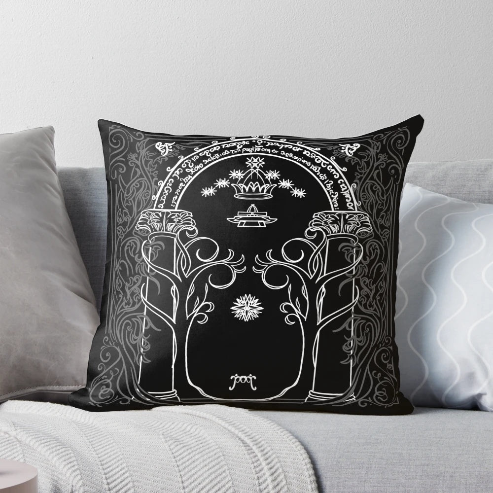 Decorative pillow featuring a mountain landscape in the style of J.R.R. Tolkien's writings