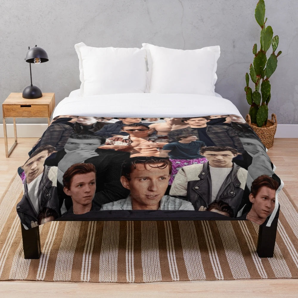 Plush blanket featuring a collage of photos of actor Tom Holland