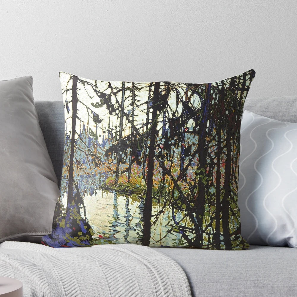 Tom Thomson's 'Northern River' Oil Painting Reproduced on a Decorative Pillow