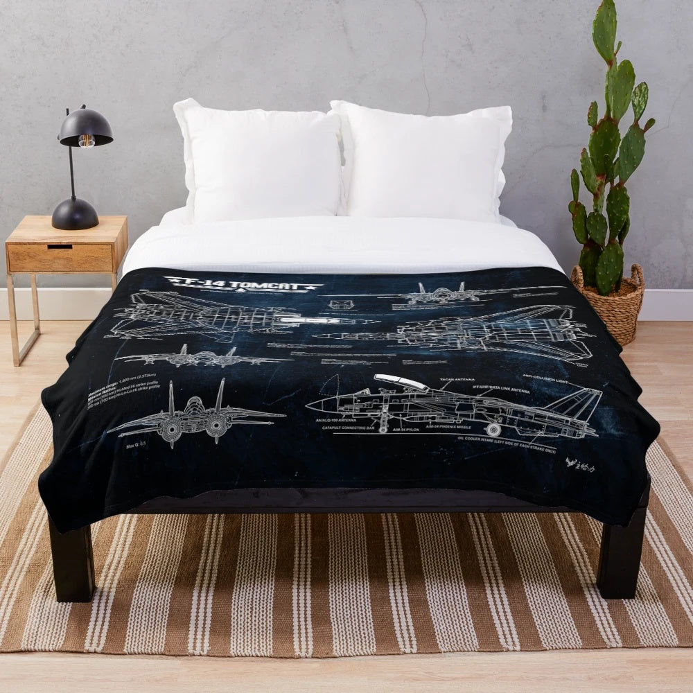 Tomcat F-14 inspired plush blanket with blueprint design
