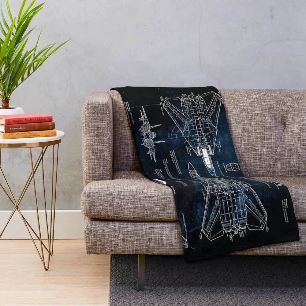 Tomcat F-14 inspired plush blanket with blueprint design