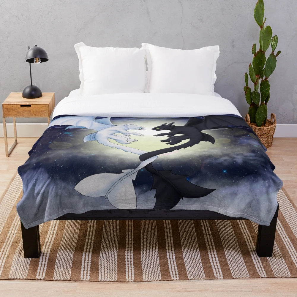 Cozy toothless plush blanket with light fury dragon design
