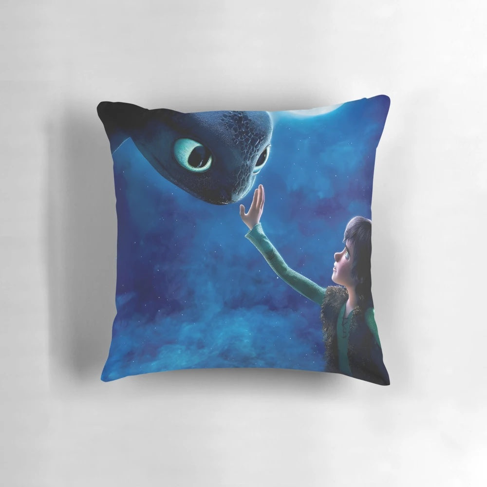 Toothless the Night Fury from How to Train Your Dragon adorns this custom pillow cover, perfect for any fan's home.