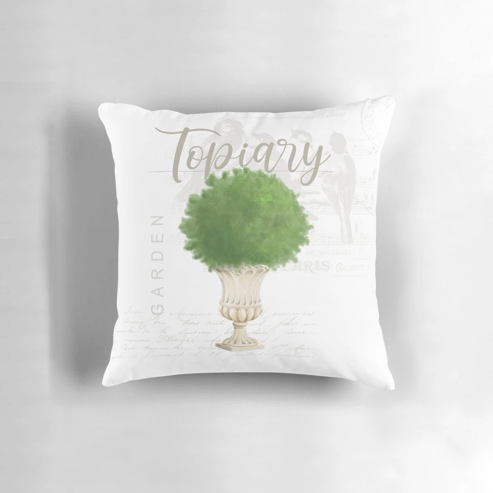 Topiary #2 Pillow featuring a botanical design with birds, perfect for a French country-inspired garden