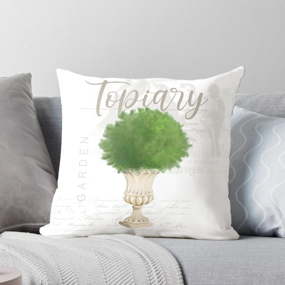 Topiary #2 Pillow featuring a botanical design with birds, perfect for a French country-inspired garden