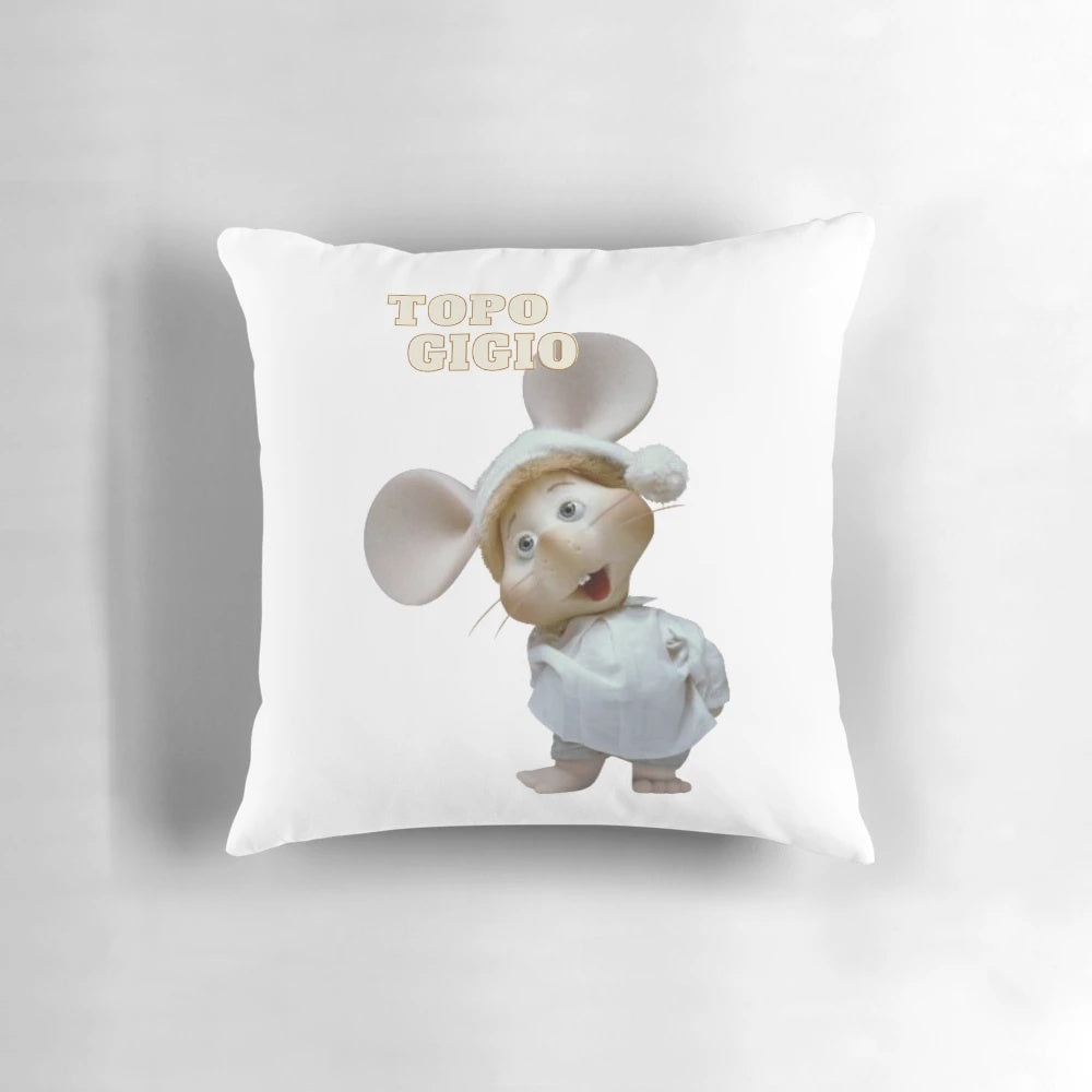 Topo Gigio, a cute white mouse, featured on a soft plush pillow for children's bedroom decor.